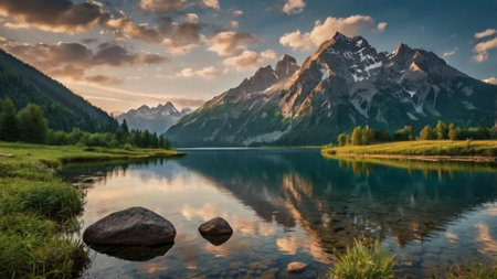 Beautiful alpine landscape with mountain lake and reflection in water.