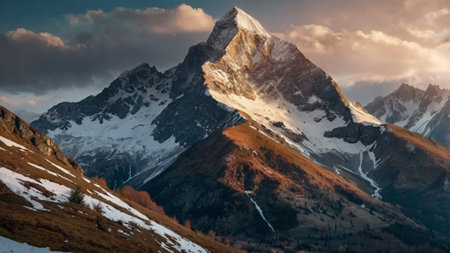 Beautiful mountain landscape with snow-capped peaks at sunset.の写真素材