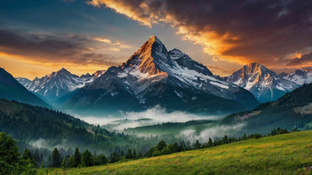 Panoramic view of the Matterhorn peak at sunrise, Switzerland
