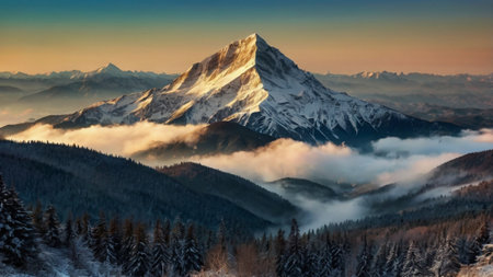 Mountain landscape with snow and fog at sunrise.の写真素材