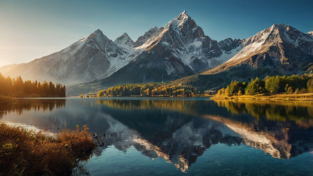 Reflection of mountains in the lake. Beautiful autumn landscape in the mountains.の写真素材