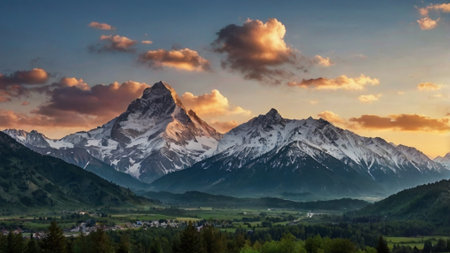 Panoramic view of mount Matterhorn at sunrise, Zermatt, Switzerlandの写真素材
