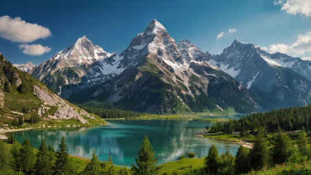 Panoramic view of the mountain lake in the Alps, Switzerlandの写真素材