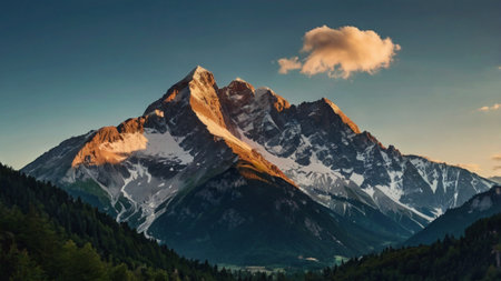 Mountain landscape with snow-capped peaks at sunset, Switzerlandの写真素材