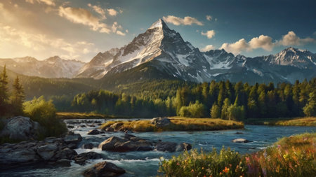 Mountain river in the Altai mountains, Russia. Panoramic viewの写真素材