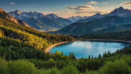 Beautiful panoramic view of turquoise lake in the mountainsの写真素材