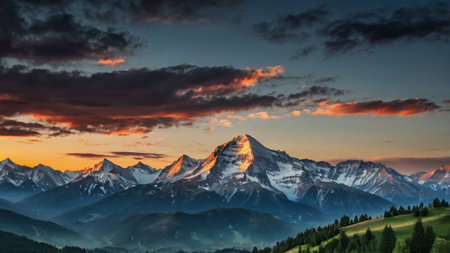 Panoramic view of the snowy peaks of the mountains at sunsetの写真素材