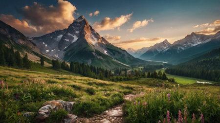 Beautiful alpine landscape with mountains and lake. Panorama.の写真素材