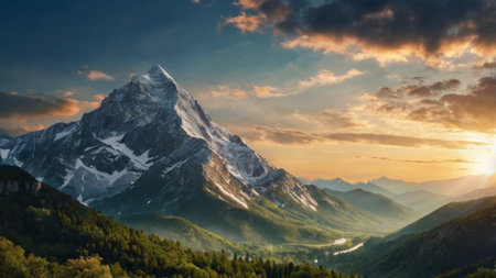 Panoramic view of Mount Matterhorn at sunset, Zermatt, Switzerlandの写真素材