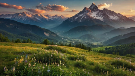 Beautiful summer landscape in the mountains. Sunrise in the mountains.の写真素材