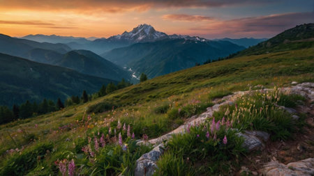 Beautiful sunset in the mountains. Panoramic view of the mountains with flowers.