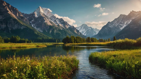Beautiful alpine landscape with lake and mountains in the background.の写真素材