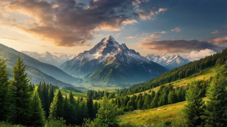 Mountain landscape at sunset. Beautiful panorama of the mountains.の写真素材
