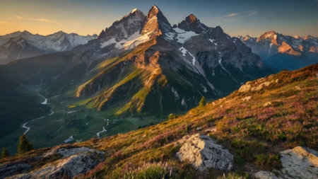 Panoramic view of the Matterhorn peak at sunset, Zermatt, Switzerlandの写真素材