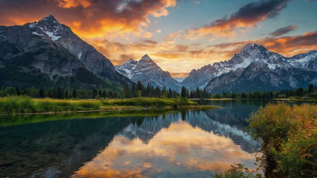 Mountain lake with reflection of the mountains and clouds at sunset.の写真素材