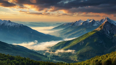 Mountain landscape with clouds at sunset. Panoramic view.の写真素材
