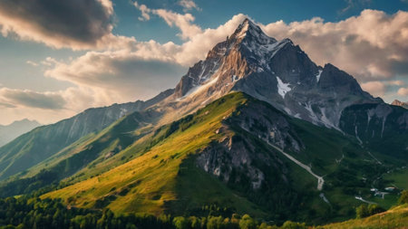 Mountain landscape with snow-capped peaks in the clouds.