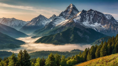 Panoramic view of the mountains in the fog at dawn.の写真素材
