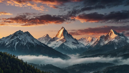 Panoramic view of the mountains in the fog at sunset.の写真素材