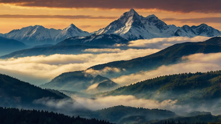 Mountain landscape in the morning mist. Caucasus Mountains, Georgia.の写真素材