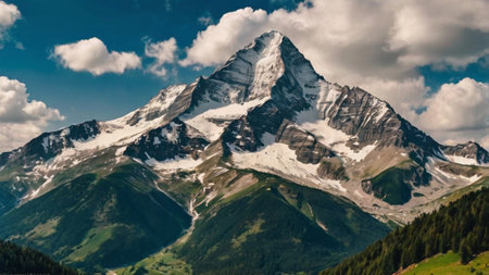 Panoramic view of the snow-capped peaks of the Alpsの写真素材