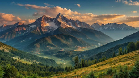 Panoramic view of mountains at sunriseの写真素材