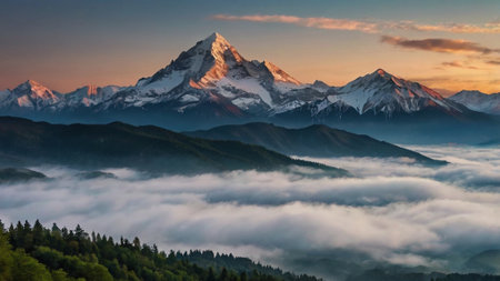 Beautiful morning view of the mountain range with fog and cloudsの写真素材