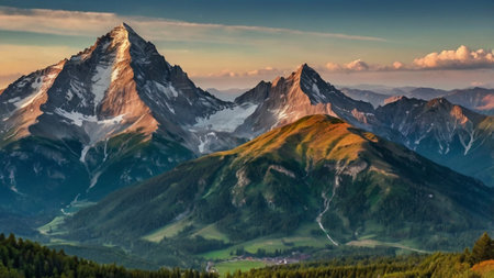 Mountain landscape with snow-capped peaks in the Alps.の写真素材