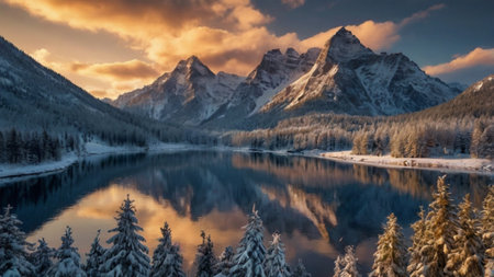 Panoramic view of snow-covered mountain lake with reflection in water at sunset