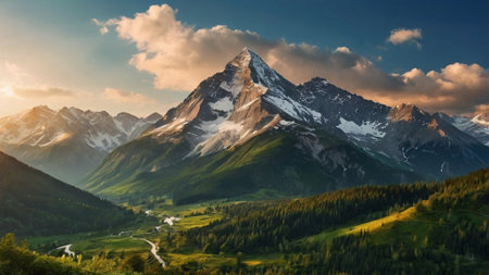 Beautiful mountain landscape. Panoramic view of the mountains at sunset.の写真素材