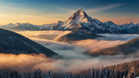 Beautiful winter landscape in the mountains. Sunrise in the mountains.の写真素材