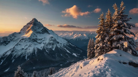 Panoramic view of snowy mountains at sunset