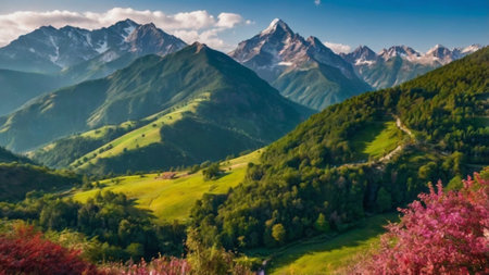 Panoramic view of the Caucasus mountains in spring, Georgia.の写真素材