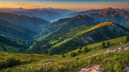 Panoramic view of the mountain range at sunset. Caucasus Mountains, Georgia.の写真素材