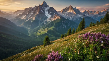 Beautiful alpine landscape with blooming rhododendron flowers in the foregroundの写真素材