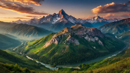 Mountain landscape. Panoramic view of the mountains at sunset.の写真素材