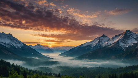 Majestic sunset in the mountains. Panoramic view.の写真素材
