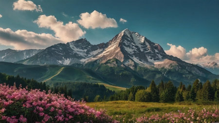 Mountain landscape with pink rhododendron flowers and cloudy skyの写真素材