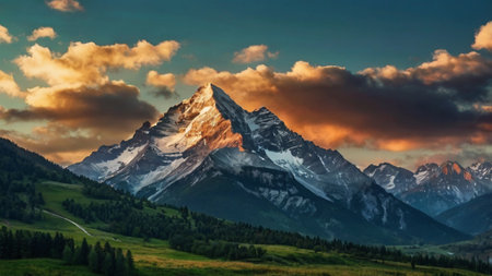 Mountain landscape at sunset. View of the Matterhorn, Switzerlandの写真素材
