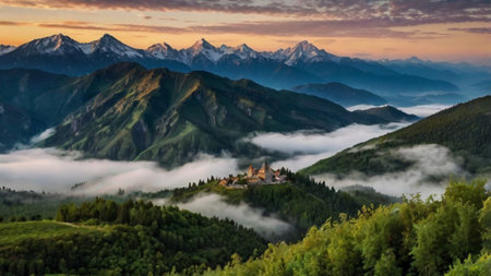 Foggy morning in the mountains. Landscape with a church in the foreground.の写真素材