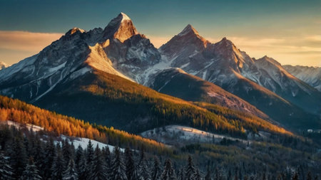 Beautiful alpine panorama of snow-capped mountains at sunsetの写真素材