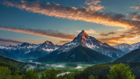 Mountain landscape at sunset. Panoramic view of the mountain range.の写真素材