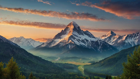 Panoramic view of Mount Matterhorn at sunset, Zermatt, Switzerlandの写真素材