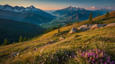 Panoramic view of the alpine meadow in the mountains at sunset