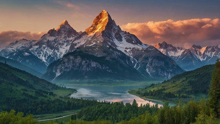 Panoramic view of the Matterhorn at sunrise, Switzerland.の写真素材