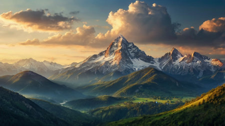 Mountain landscape at sunset. Panoramic view of the mountain range.の写真素材
