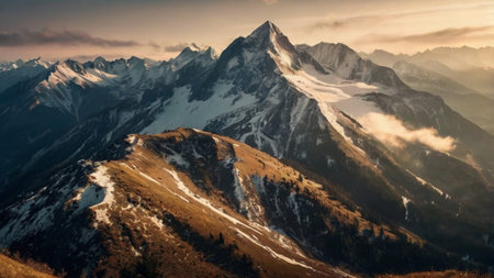 Mountain landscape with snow-capped peaks in the clouds.の写真素材