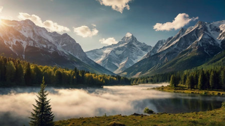 Foggy mountain lake in the morning.の写真素材