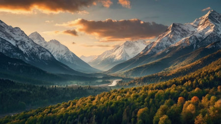 panoramic view of autumn alpine landscape with river and high mountainsの写真素材