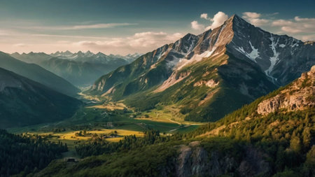 Panoramic view of mountains and valley in the Swiss Alps.の写真素材